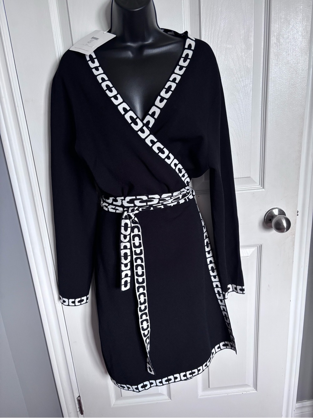 NWT Diane von Furstenberg DVF Perry Knit Mini Wrap Dress XL Black Ivory